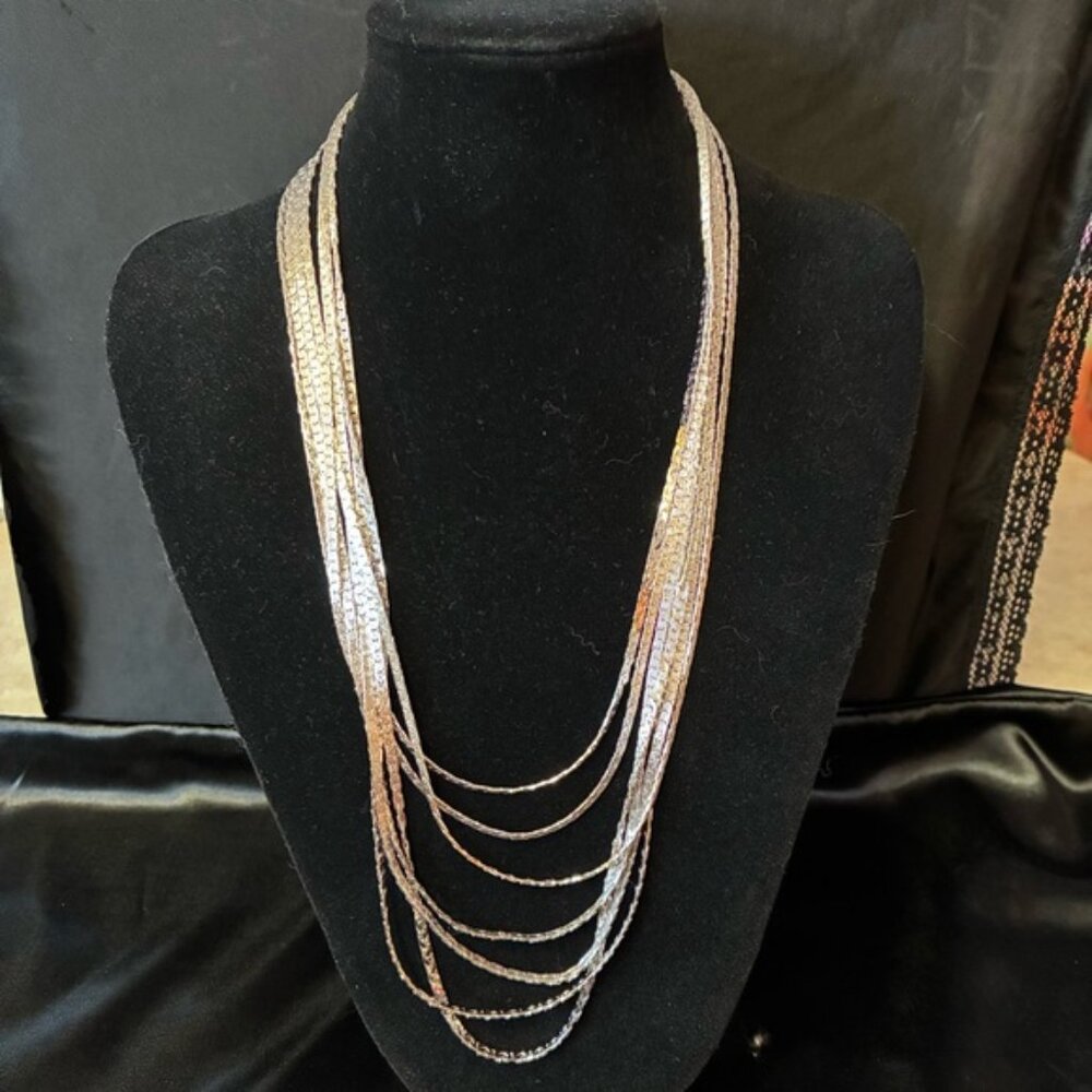 D'Orlan Silver Tone Multi Chain Waterfall Necklace 7 Strand - Picture 2 of 12